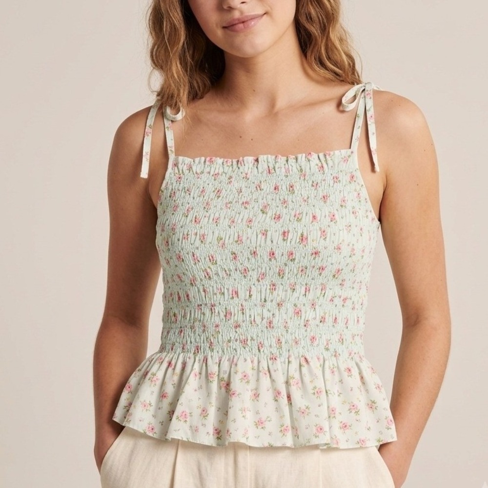 Y2K Polo Ralph Lauren Coquette Cottagecore Smocked Floral Cami Top XS Mint Pink